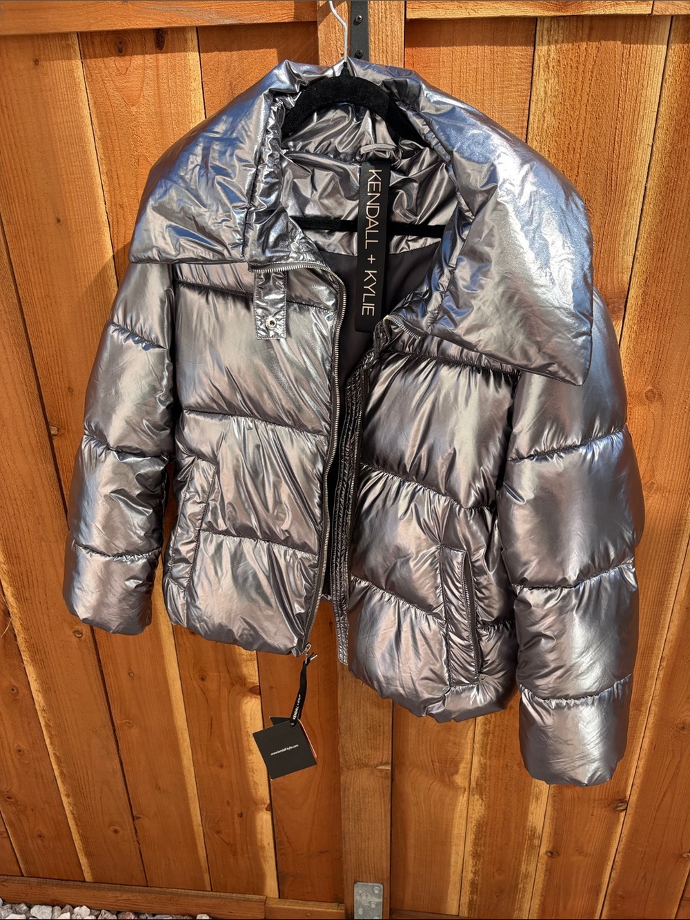 Kendall & Kylie Shiny Silver Metallic Puffer Coat